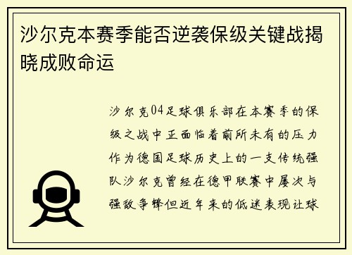 沙尔克本赛季能否逆袭保级关键战揭晓成败命运