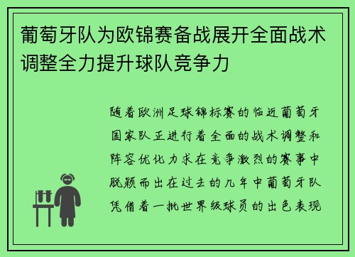 葡萄牙队为欧锦赛备战展开全面战术调整全力提升球队竞争力