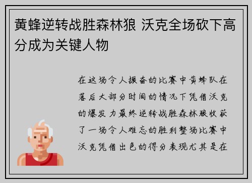 黄蜂逆转战胜森林狼 沃克全场砍下高分成为关键人物