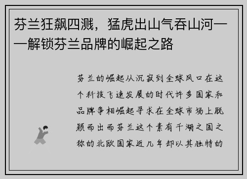 芬兰狂飙四溅，猛虎出山气吞山河——解锁芬兰品牌的崛起之路