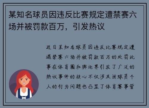 某知名球员因违反比赛规定遭禁赛六场并被罚款百万，引发热议