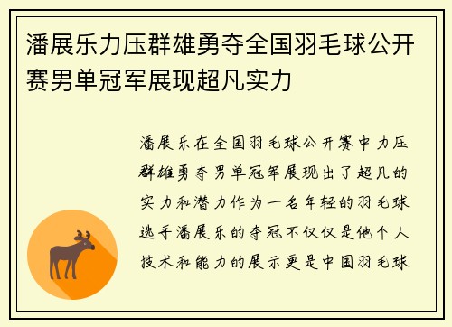 潘展乐力压群雄勇夺全国羽毛球公开赛男单冠军展现超凡实力